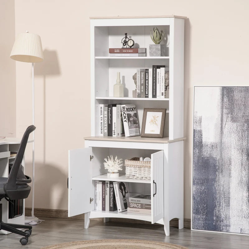 White Tall Kitchen Cupboard with 3 Open Shelves and Double Door Cabinet