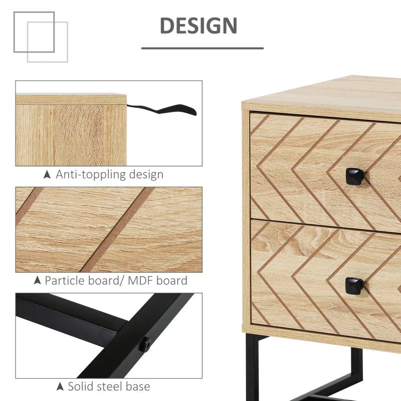 Modern Two-Drawer Nightstand with Zig Zag Design, Natural Finish