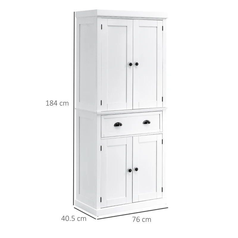 White Colonial Kitchen Storage Cabinet, 184cm Tall, 4-Door Pantry Cupboard