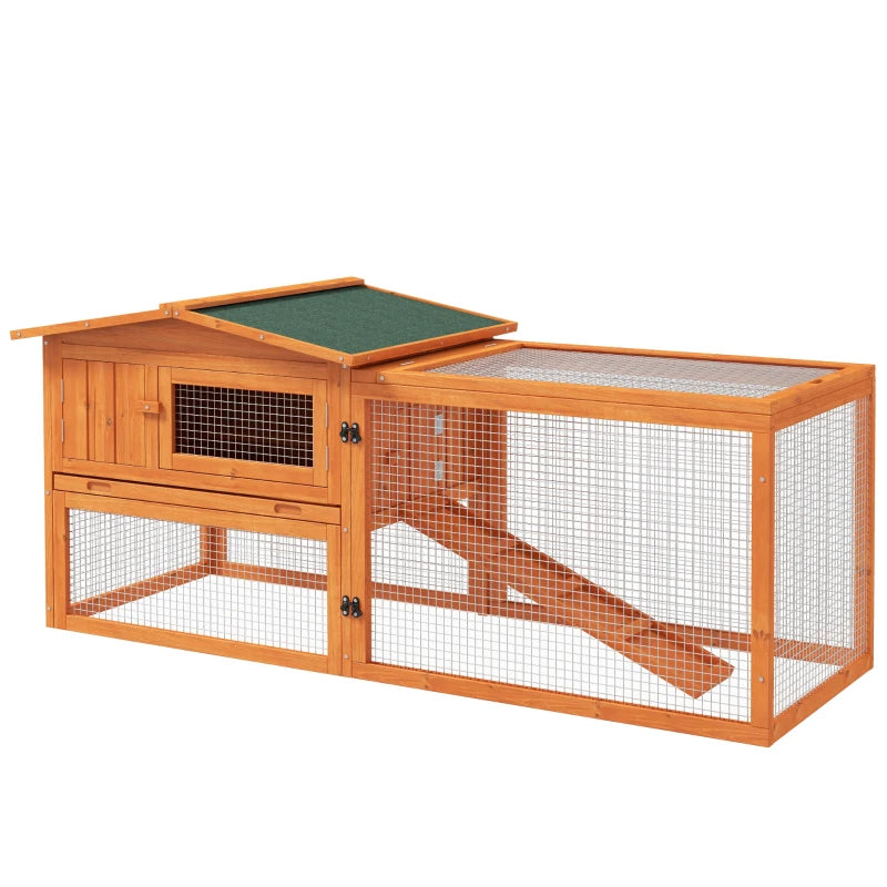 Orange Wooden Rabbit Hutch with Run and Accessories, 156 x 58 x 68cm