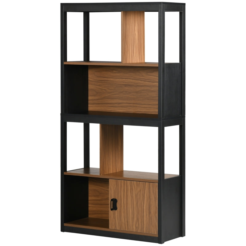 Modern Walnut Brown 4-Tier Bookshelf with Storage Cabinet