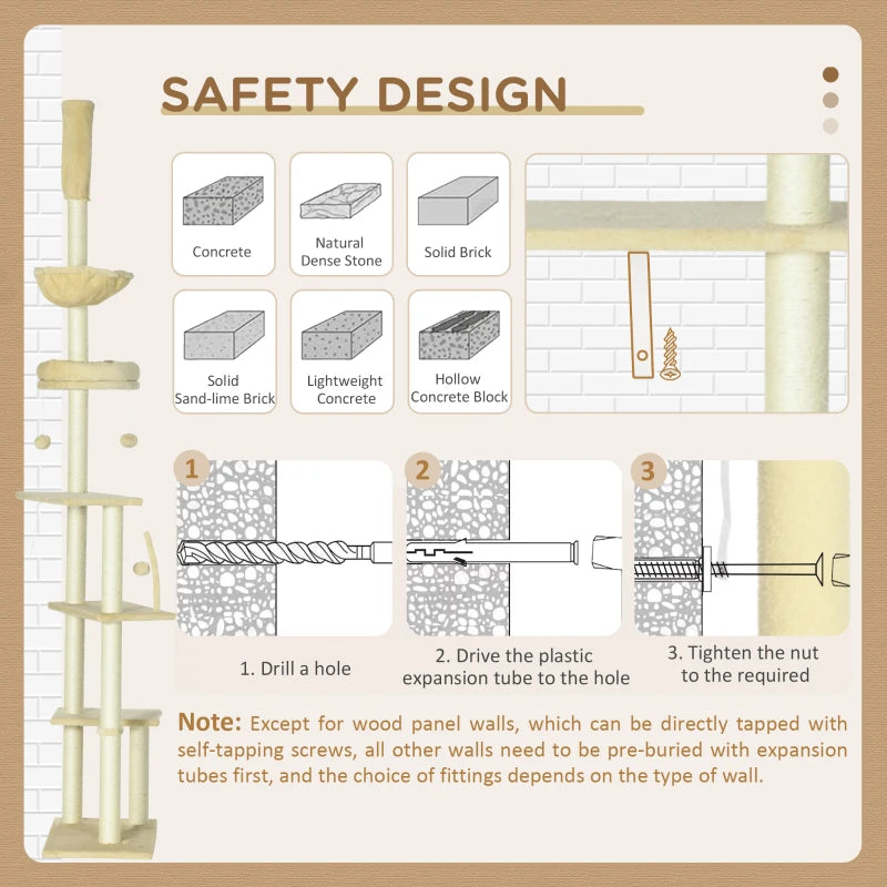 Beige 6-Tier Floor to Ceiling Cat Tree with Scratching Post and Hammock