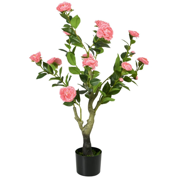 Artificial Pink Camellia Flower in Pot, Indoor Outdoor Fake Plant, 95cm
