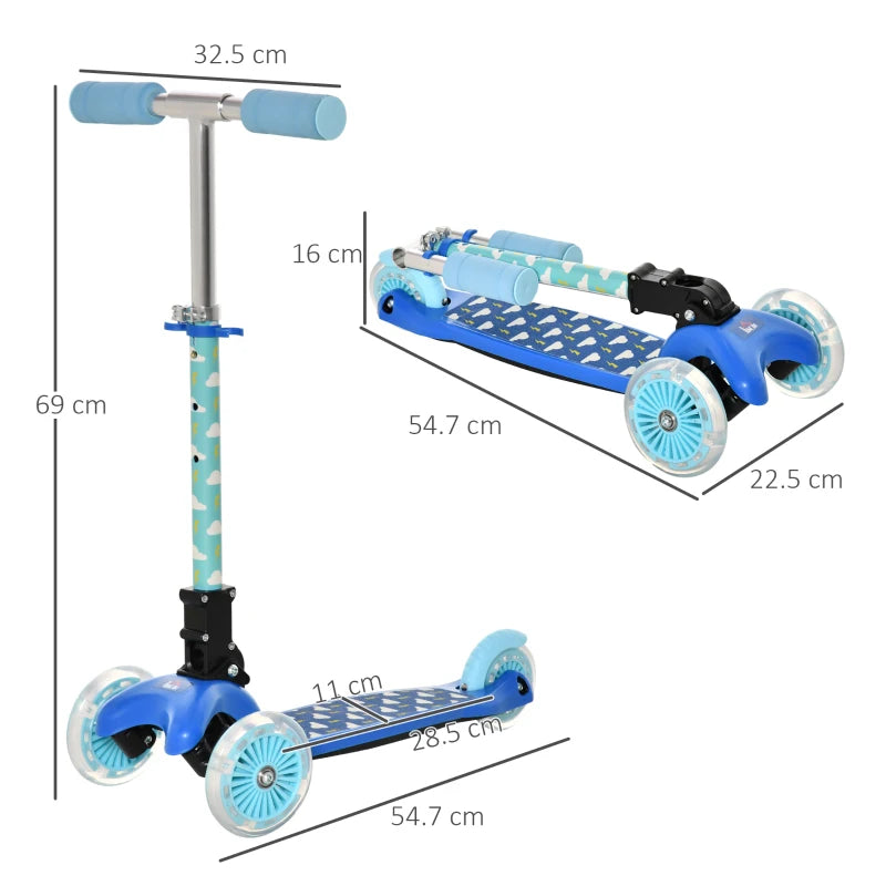 Blue Foldable Kids Scooter with Flashing Wheels