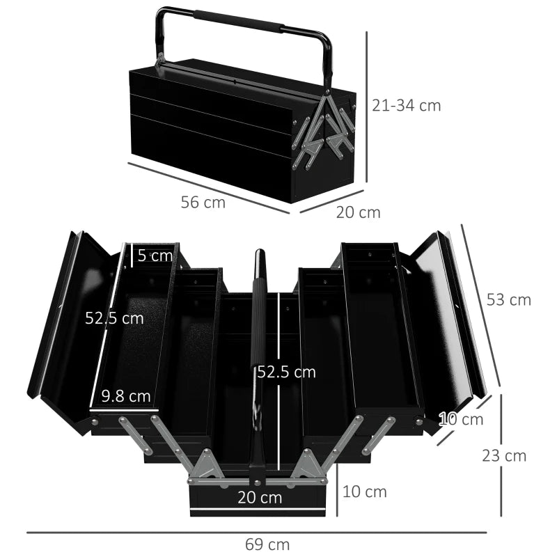 Black 3 Tier Metal Toolbox with Carry Handle, 5 Tray Portable Tool Box - 56cmx20cmx34cm