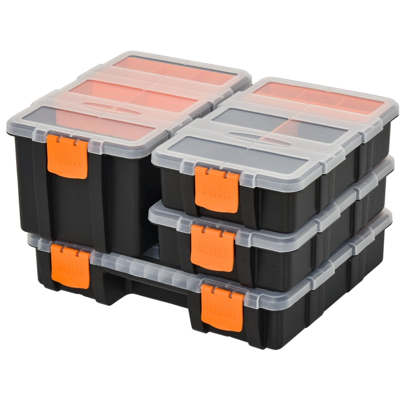 4-Piece Black and Orange Plastic Tool Storage Boxes with Dividers and Locking Lids