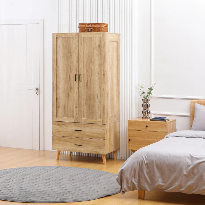 Natural 2-Door Wardrobe with Drawers and Hanging Rail for Bedroom