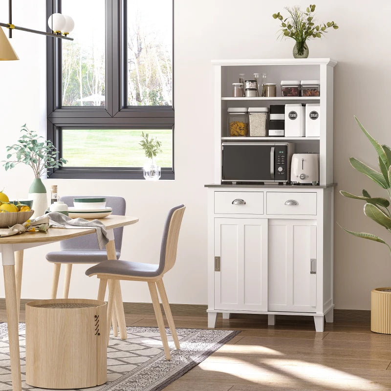 White Freestanding Kitchen Storage Cabinet with Sliding Doors and Shelves