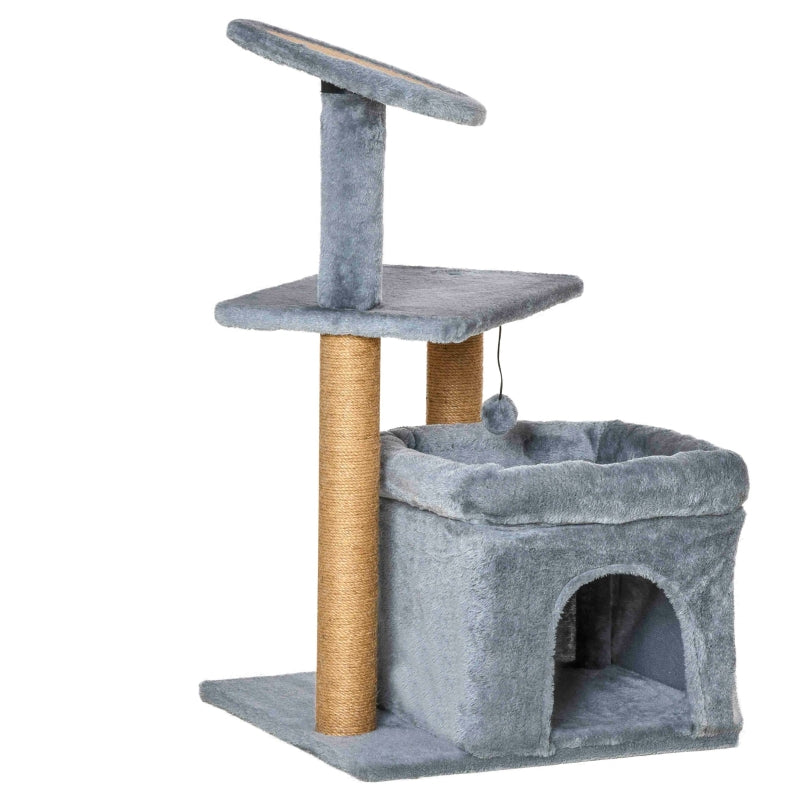 Grey Cat Tree Tower with Scratching Post and Interactive Toy - 48 x 48 x 84cm