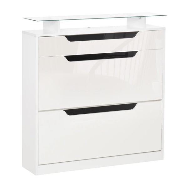 White Shoe Storage Cabinet with Slide Out Drawer and Glass Top