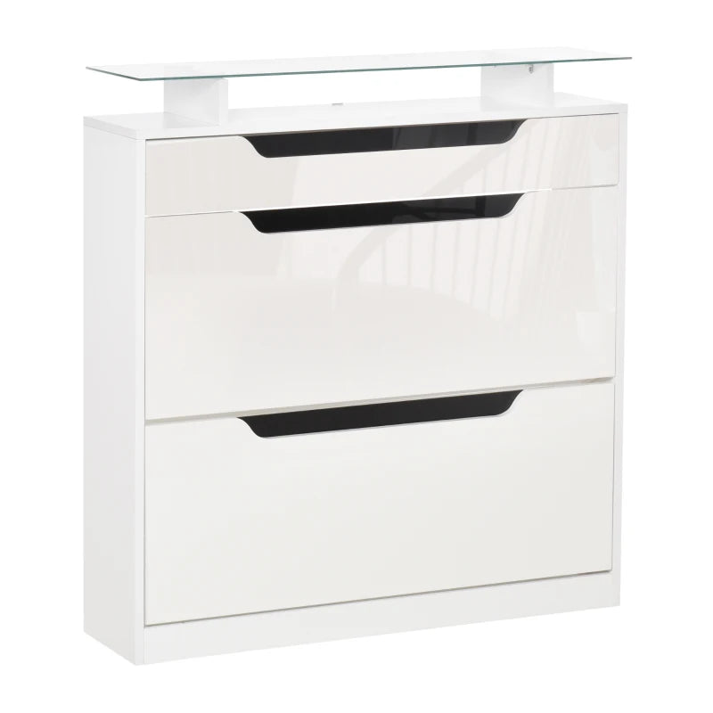 White Shoe Storage Cabinet with Slide Out Drawer and Glass Top