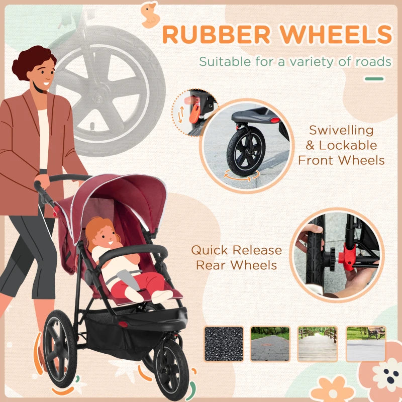 Red Foldable 3-Wheel Baby Stroller with Canopy and Storage Basket