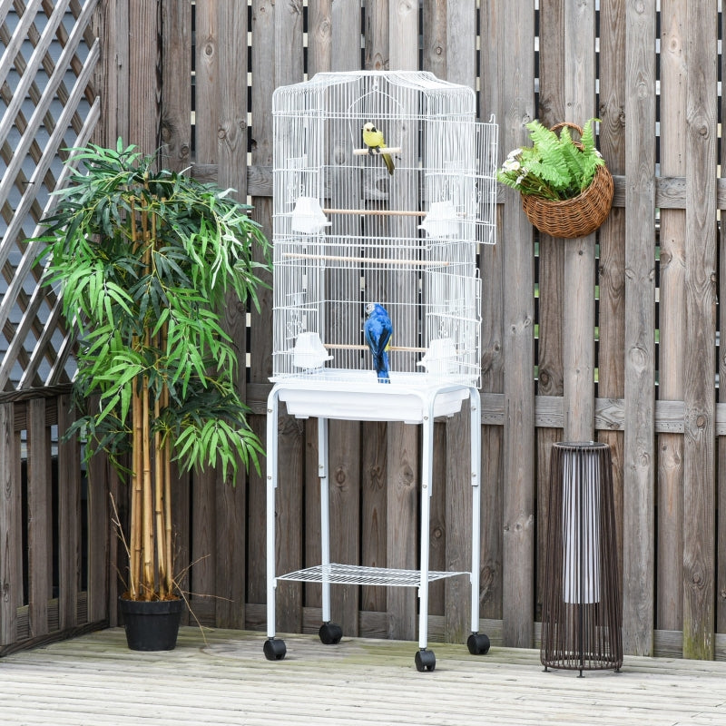 White Bird Cage with Stand and Accessories, 46.5 x 36 x 157 cm