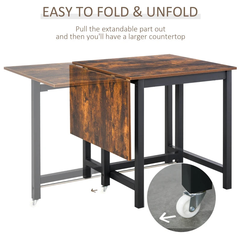 Rustic Brown Folding Dining Table with Wheels and Metal Frame