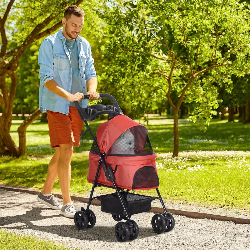 Red Pet Stroller with Canopy, 4 Wheels, Leashes, Storage Basket