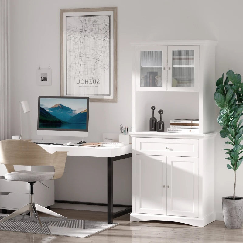 White Kitchen Storage Cabinet with Glass Doors and Adjustable Shelves