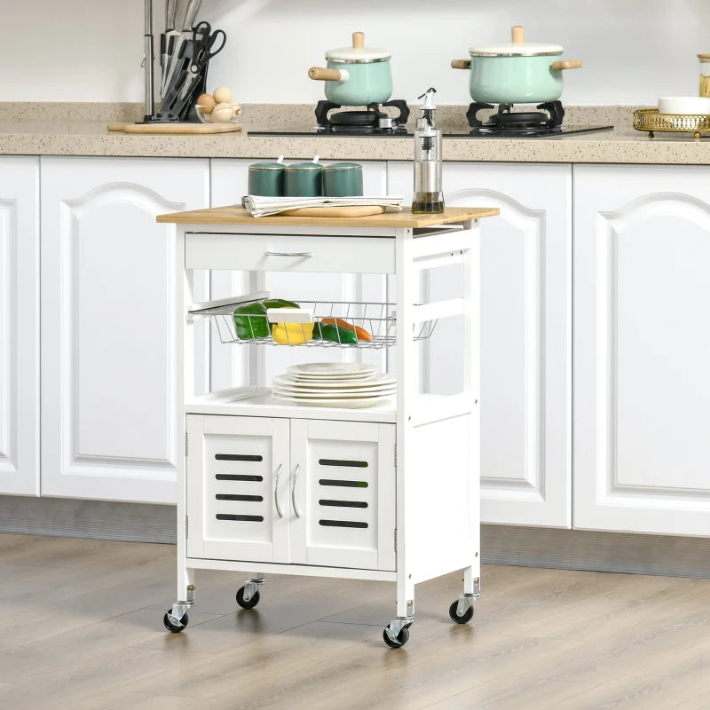 White Rolling Kitchen Island Trolley with Bamboo Top and Storage