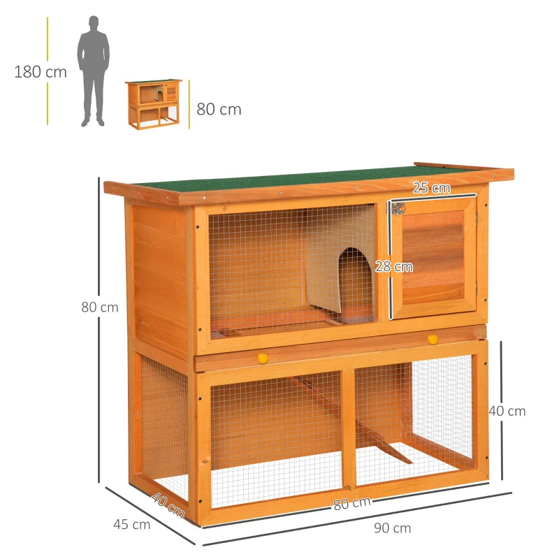 Wooden 2-Tier Outdoor Rabbit Hutch with Opening Top, 90 x 45 x 80cm, Brown