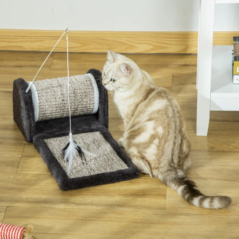 Grey Cat Scratcher Board with Roller and Feather Toy, 44 x 24 x 16 cm