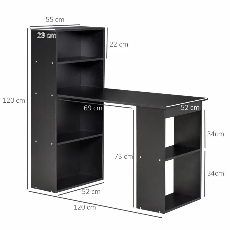 Black 120cm Computer Desk with Bookshelf and 6 Shelves