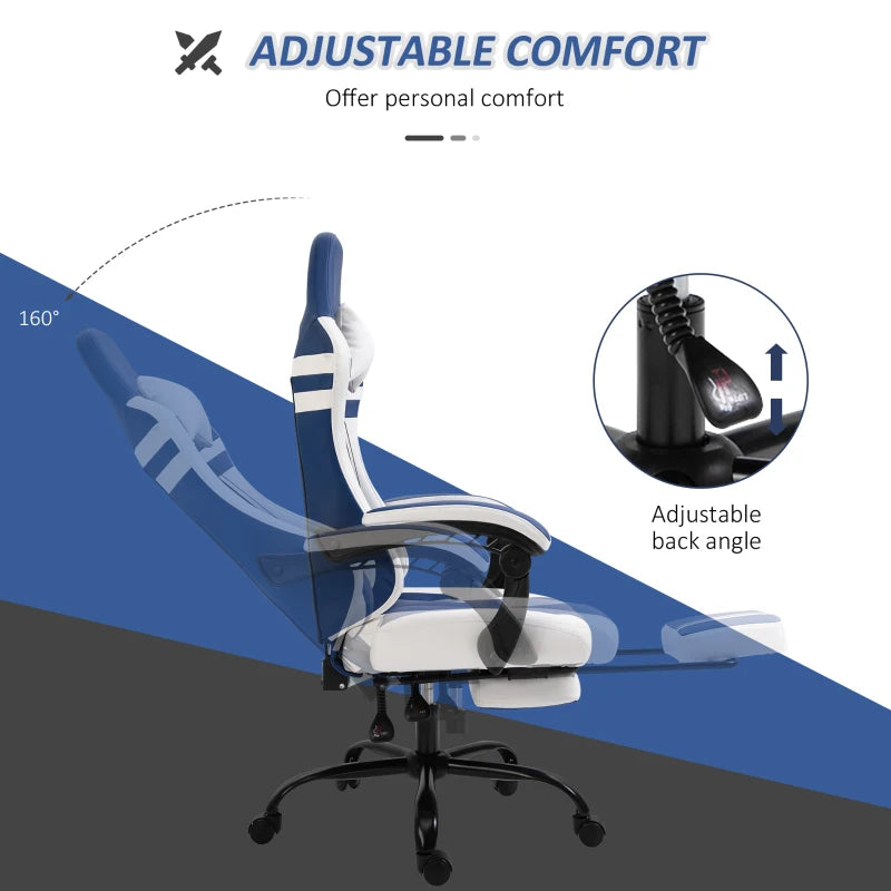 Blue White Gaming Chair with Headrest, Footrest, Wheels - Adjustable Height