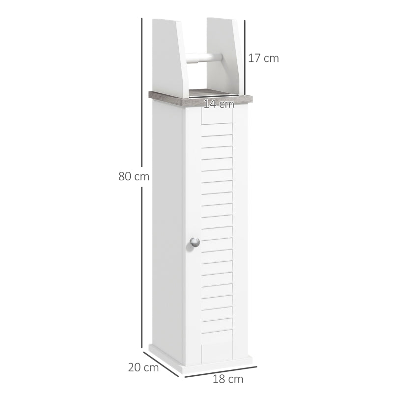 White Bathroom Floor Cabinet with Cupboard, Roll Holder & Adjustable Shelf