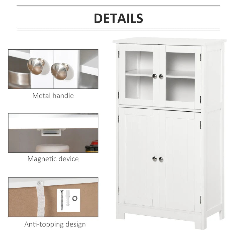 White Bathroom Storage Cabinet with Glass Doors & Adjustable Shelf