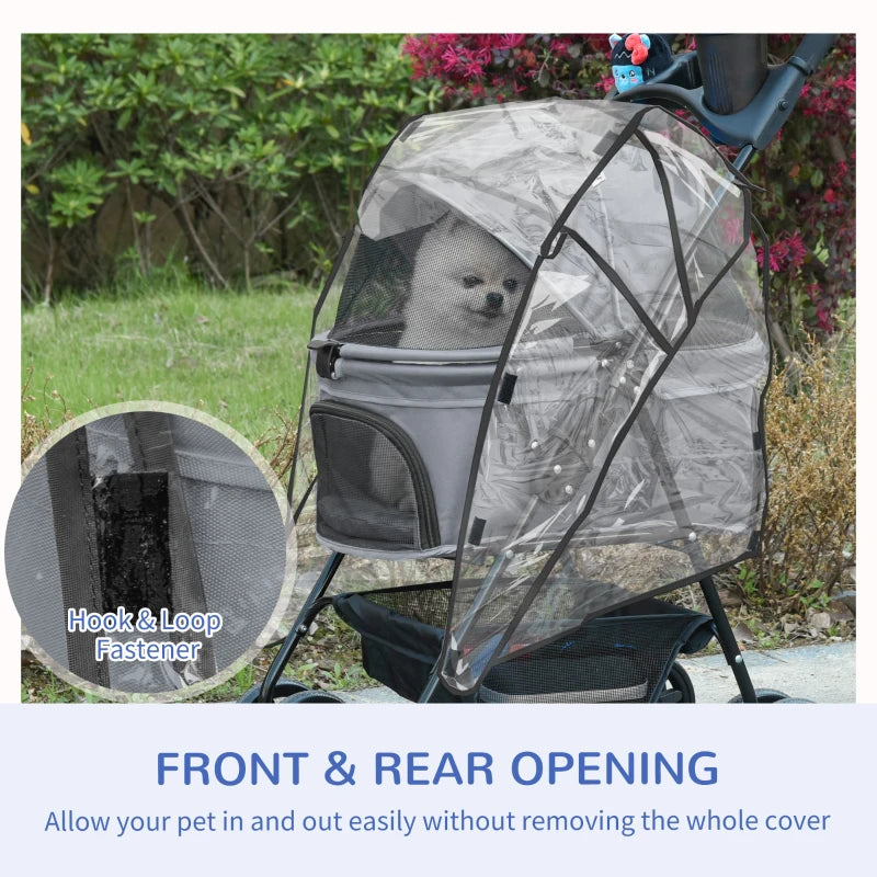 Grey Dog Stroller with Rain Cover, One-Click Fold, EVA Wheels, Safety Leash - Small Dog Pushchair