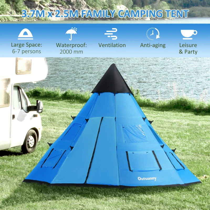 Blue 6-Person Teepee Camping Tent with Mesh Windows and Carry Bag