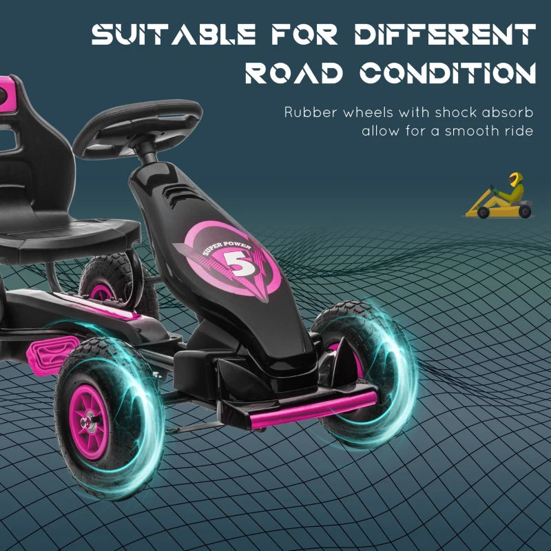 Kids Pink Pedal Go Kart with Adjustable Seat and Inflatable Tyres