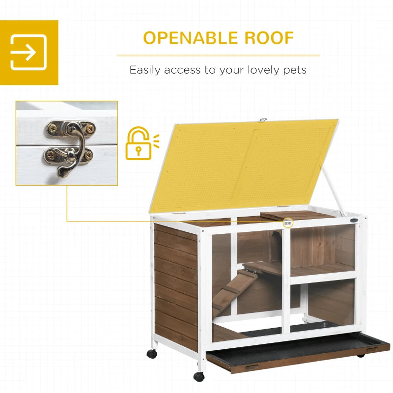 Brown Wooden Rabbit Hutch with Tray, Ramp, Roof, Wheels - 91.5 x 53.3 x 73cm