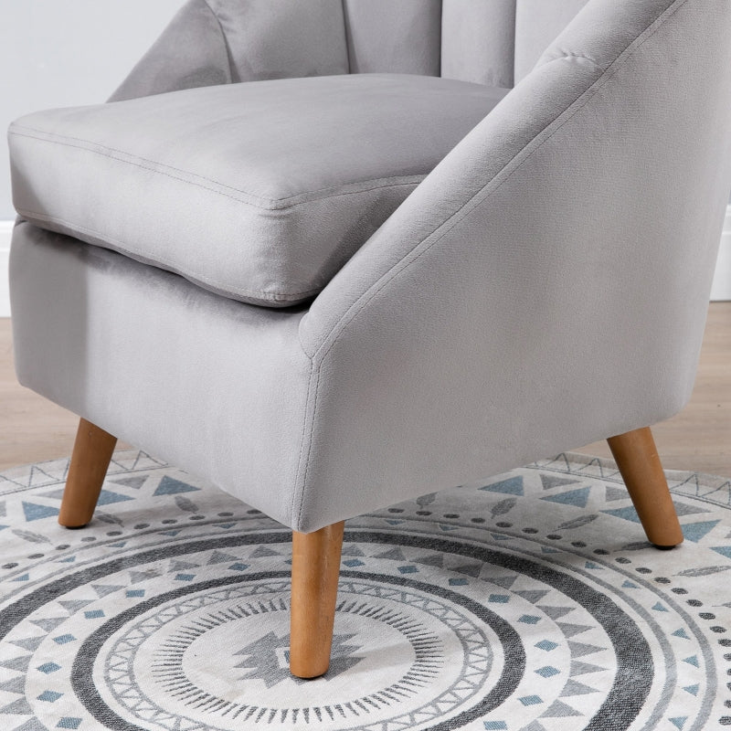 Grey Velvet Accent Armchair with Solid Wood Legs