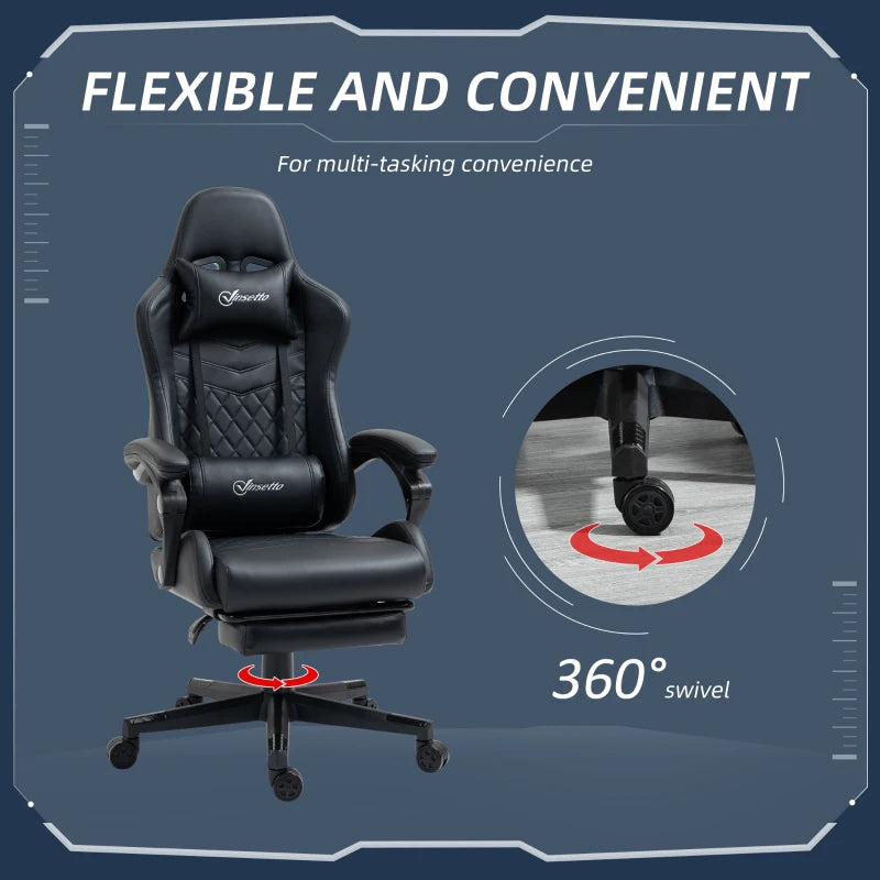 Black Racing Gaming Chair with Swivel Wheel & Footrest