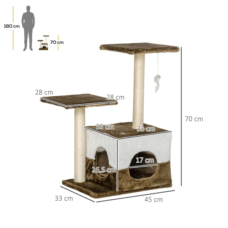 Brown Cat Tree Tower with Scratching Posts and Interactive Toy, 45 x 33 x 70 cm