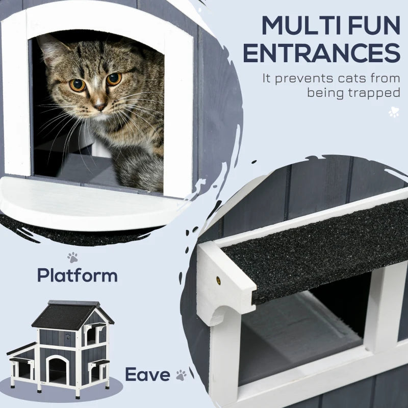 Grey Wooden Outdoor Cat House with Flower Pot and Multiple Entrances