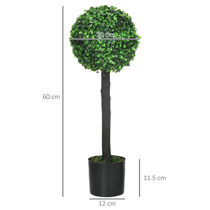 Set of 2 Green Artificial Boxwood Ball Trees in Pot for Home Decor, 20x20x60cm