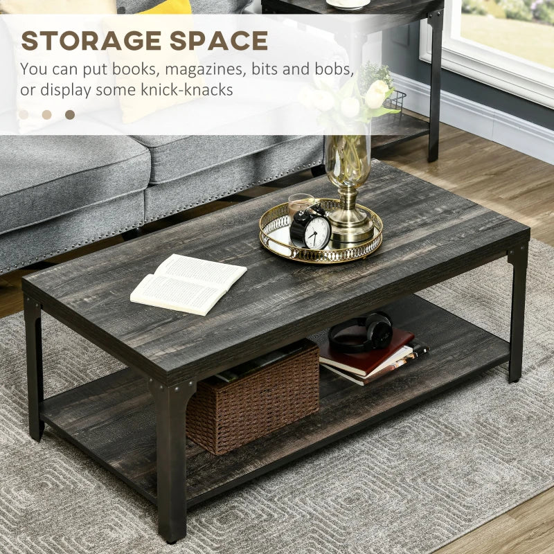Rustic Dark Walnut Coffee Table with Storage Shelf and Steel Frame