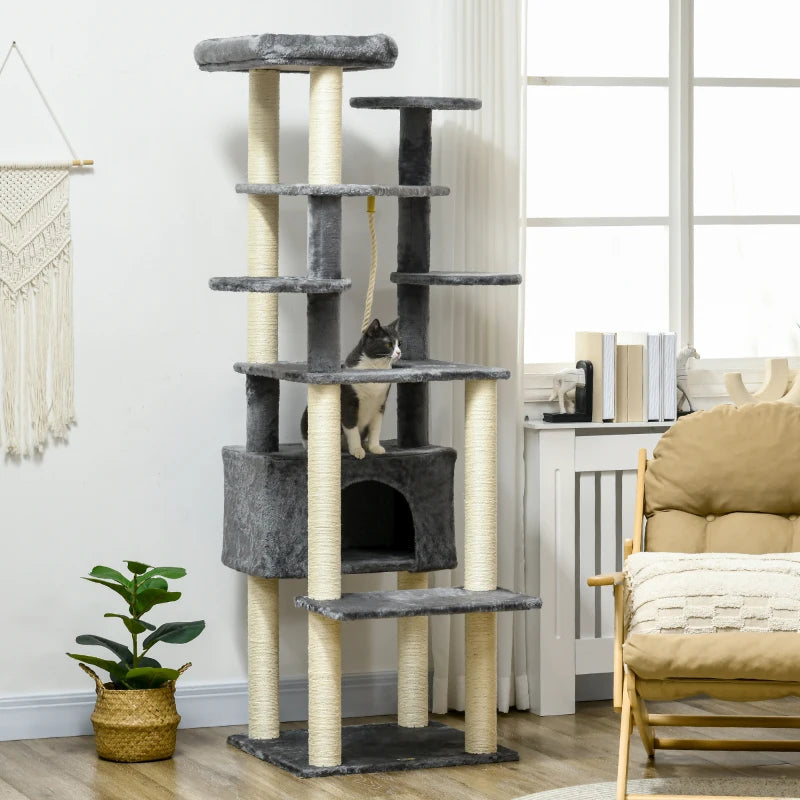 Modern Grey Cat Tree with Bed, Perches, Scratching Posts - 184cm