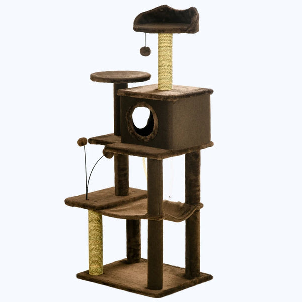 Modern Brown Cat Tree with Scratching Posts and Toy Ball