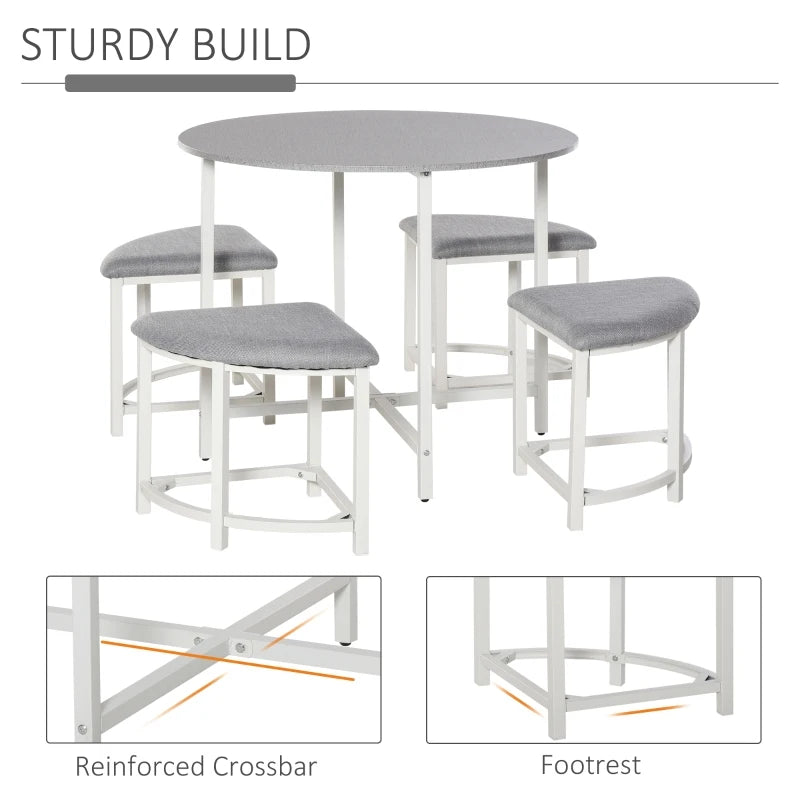 Modern Round Dining Table Set with 4 Upholstered Stools - Grey