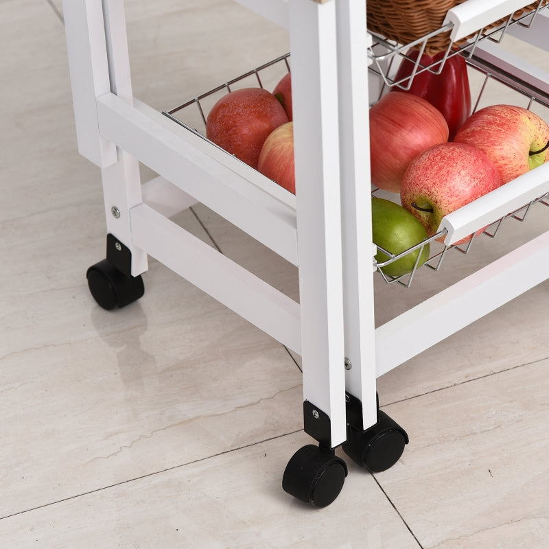 White Oak Drop-Leaf Kitchen Cart Trolley with Baskets and Drawer