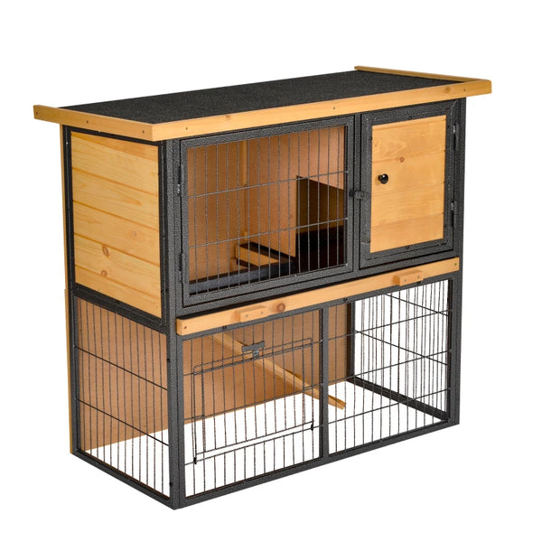 Small Pet Outdoor Hutch with Ramp and Roof, Light Yellow