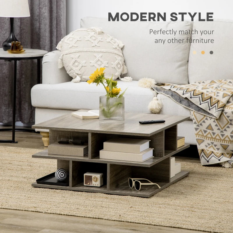 Modern Grey Square Coffee Table with Storage Shelves - 70 x 70 x 36.5 cm