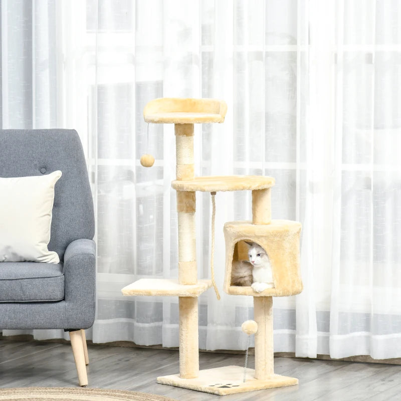 Beige Cat Tree Condo with Toys - 4-tier 114cm Tall