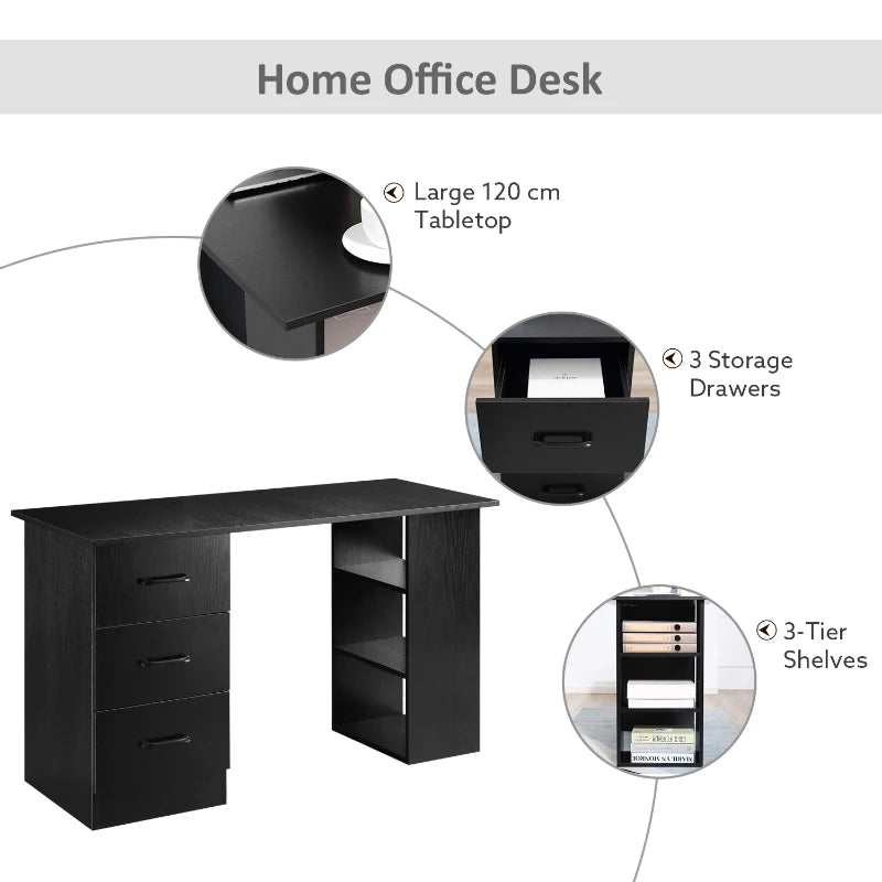 Black Computer Desk with Storage Shelves and Drawers