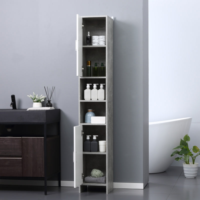 Grey Tall Bathroom Storage Cabinet with 2 Cupboards and Open Compartments