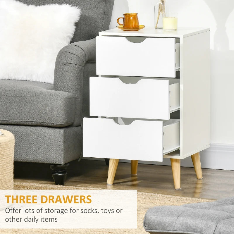 White 3-Drawer Bedside Cabinet with Wood Legs