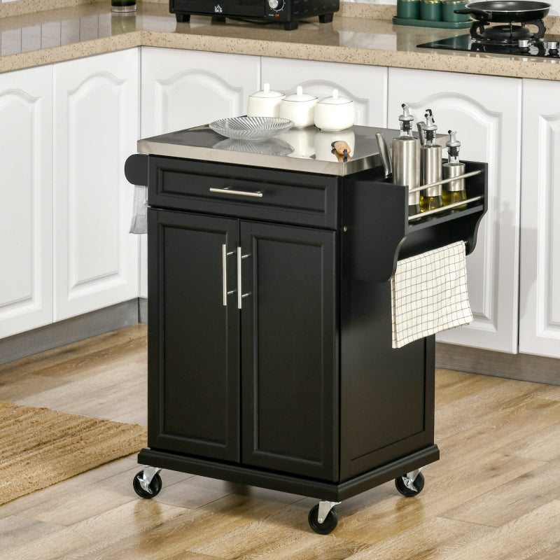 Black Wooden Kitchen Island Cart with Stainless Steel Top and Storage