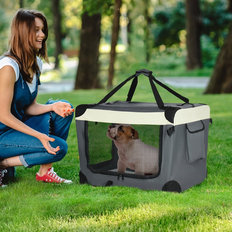 Foldable Grey Pet Carrier with Cushion - 70cm for Small Dogs and Cats