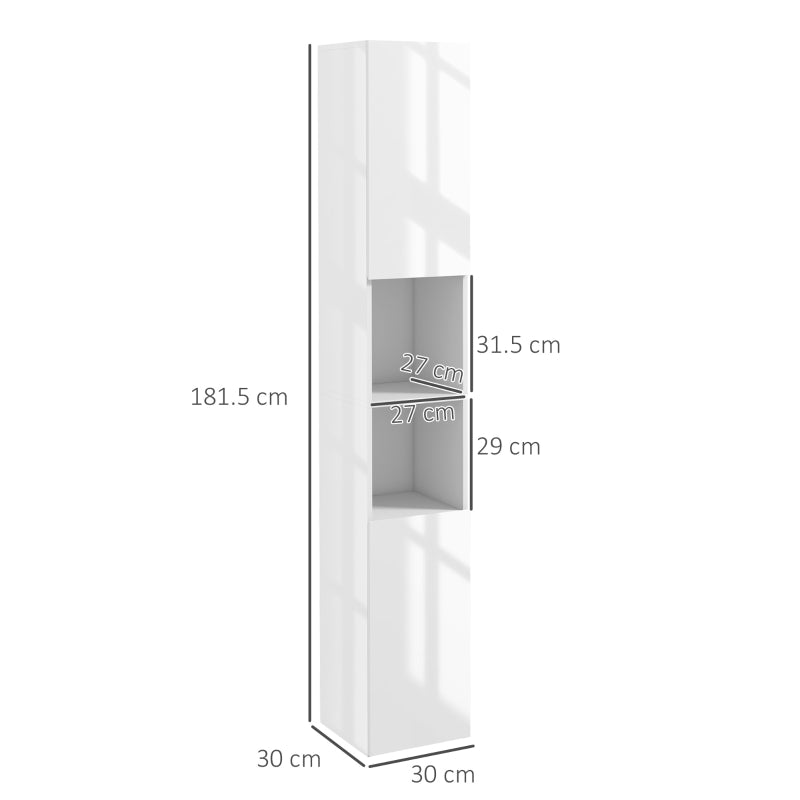 White High Gloss Bathroom Storage Cabinet with Doors, 30x30x181.5 cm